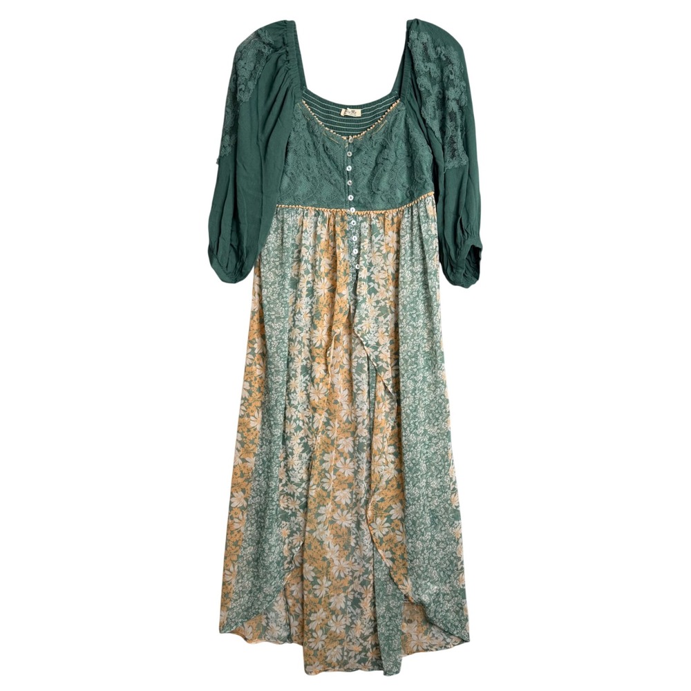 Miss Me Floral Top Womens S Green High‎ Low Fairy Boho Duster Puff Sleeve